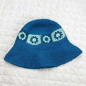 Vintage Blue Crochet Floral Bucket Hat